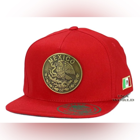 Mexican Hat Mexico Metallic Brass Eagle Logo Snapback Flat Bill Baseball Cap - Picture 1 of 7